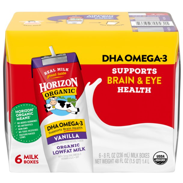 Horizon Organic 1% Lowfat UHT DHA Omega-3 Vanilla Milk, 8 Oz., 6 Count