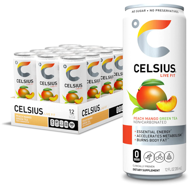 CELSIUS Essential Energy Drink 12 Fl Oz, Peach Mango Green Tea (Pack of 12)