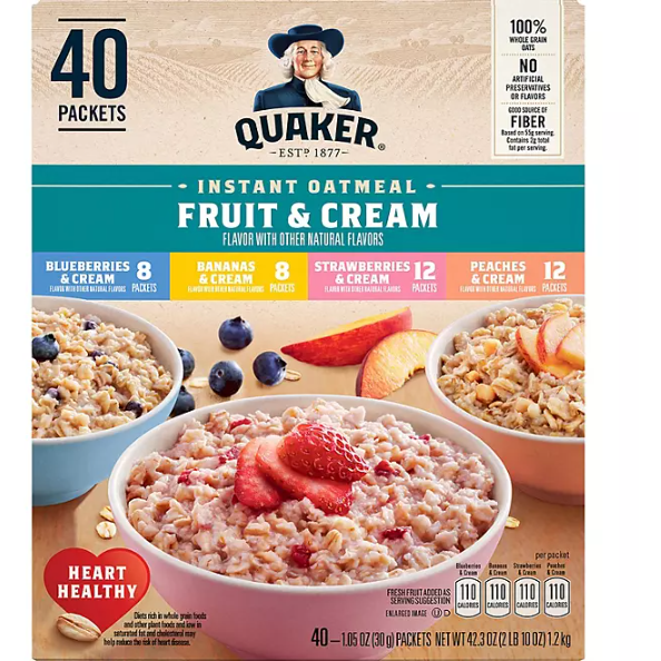 Quaker Instant Oatmeal Fruit & Cream, Variety Pack (40 pk.)