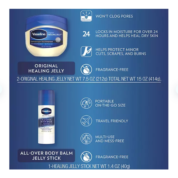 Vaseline Original Healing Jelly & All-Over Body Balm Bundle (7.5 oz., 2 pk. + 1.4 oz. Stick)