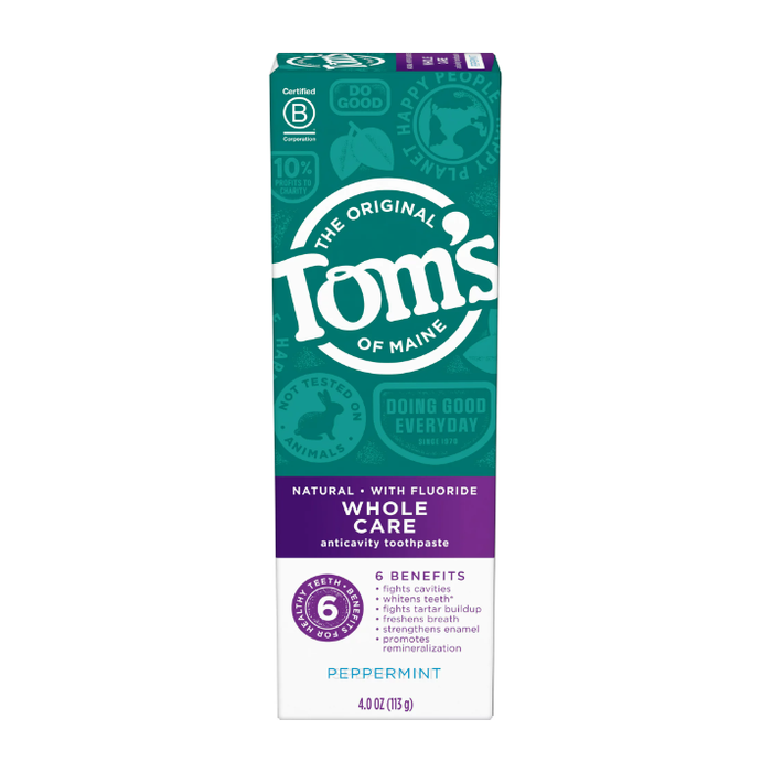 Tom's of Maine Whole Care Natural Toothpaste with Fluoride, Peppermint, 4 oz 3(PACK)