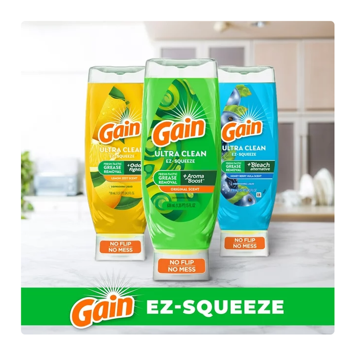Gain EZ-Squeeze Dishwashing Liquid Dish Soap, Original Scent, 14.70 fl oz