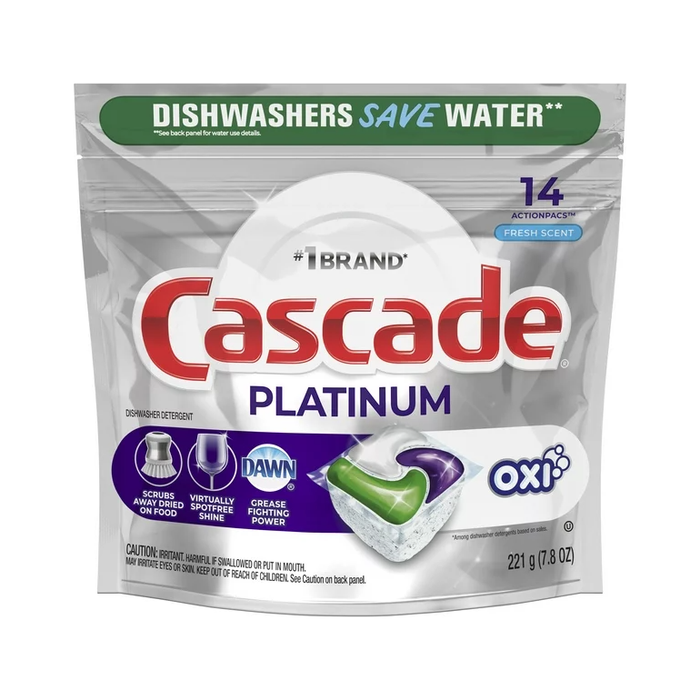 Cascade Platinum + Oxi Dishwasher Pods, Action Pacs Dishwasher Detergent Pods, Fresh Scent, 14 Ct