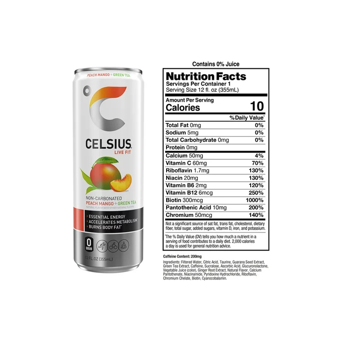 CELSIUS Essential Energy Drink 12 Fl Oz, Peach Mango Green Tea (Single)