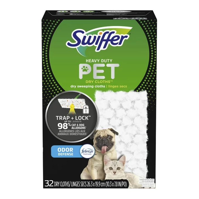 Swiffer Sweeper Pet Heavy Duty Dry Cloth Refills, Febreze Freshness, 32 Ct White Pads