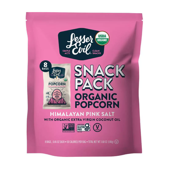 LesserEvil Organic Popcorn, Snack Pack, Himalayan Pink - 8ct / 3.68oz