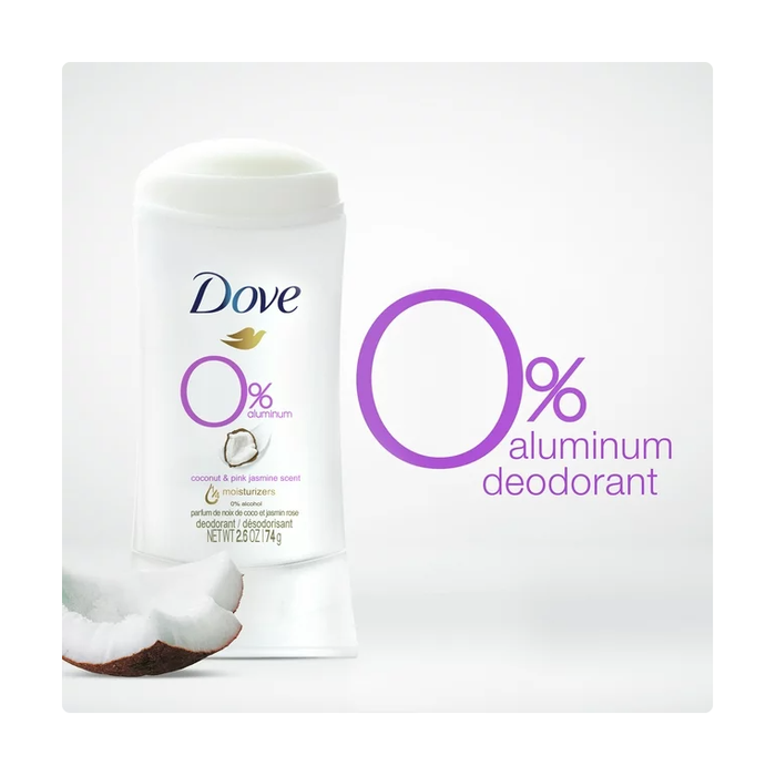 Dove 0% Aluminum Coconut and Pink Jasmine Scent Deodorant Stick 2.6 oz