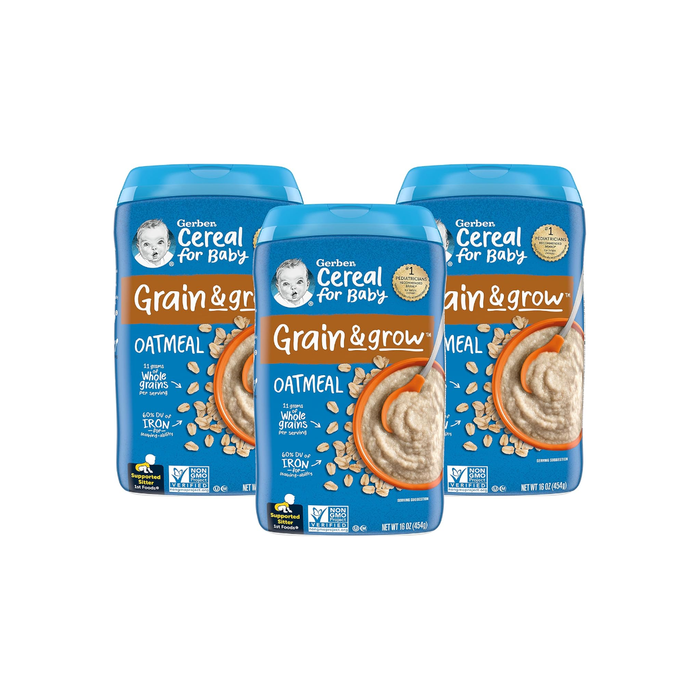Gerber 1st Foods Cereal for Baby Grain & Grow Baby Cereal, Oatmeal, 8 oz Canister (Pack of 3)