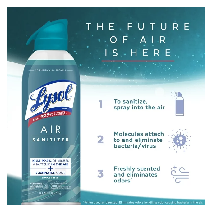 Lysol Air Sanitizer Spray, For Air Sanitization and Odor Elimination, Simple Fresh Scent, 10 Fl. Oz