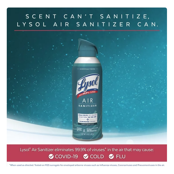 Lysol Air Sanitizer Spray, For Air Sanitization and Odor Elimination, Simple Fresh Scent, 10 Fl. Oz