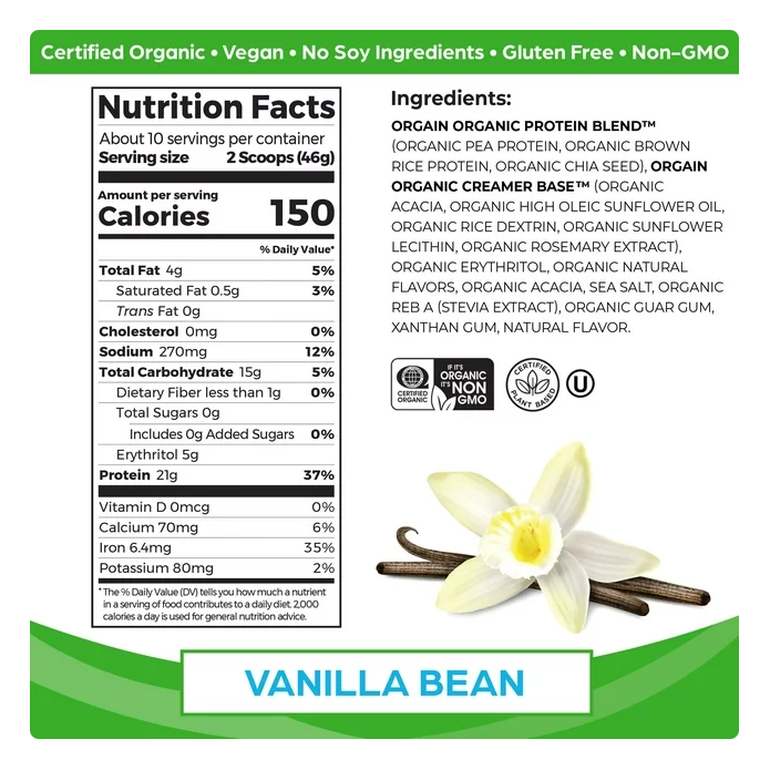 Orgain Organic Vegan 21g Protein Powder, Plant Based, Vanilla Bean 1.02lb