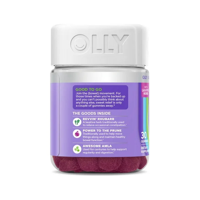 OLLY Keep it Moving Laxative Supplement, Constipation Support, Rhubarb, Prunes, AMLA, Plum Berry, 30 Ct