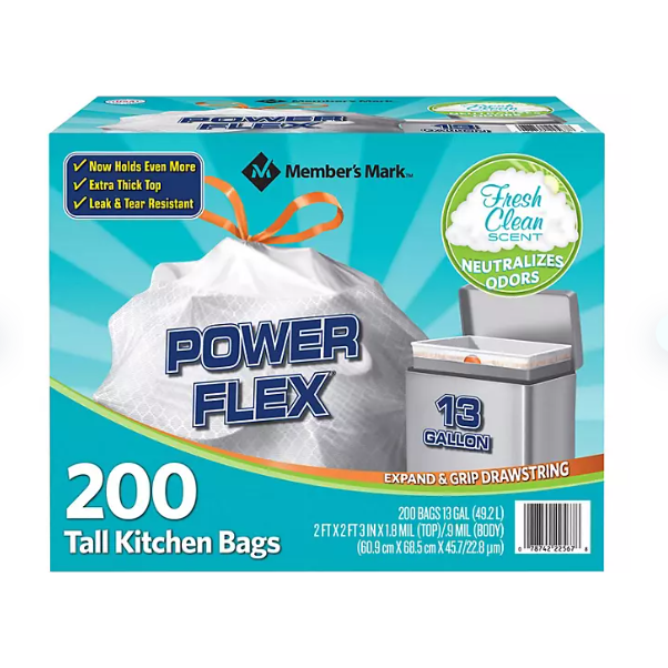 Member's Mark Power Flex Tall Kitchen Drawstring Trash Bags, Fresh Scent (13 gal., 200 ct.)