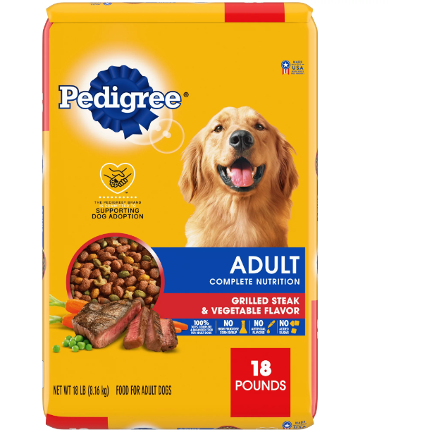 Pedigree Complete Nutrition Grilled Steak & Vegetable Flavor Dry Dog Food for Adult Dog, 18 lb. Bag