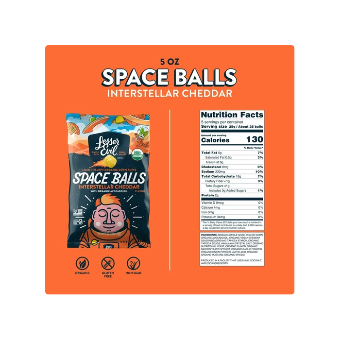 LesserEvil Space Balls, Interstellar Cheddar, 5 oz