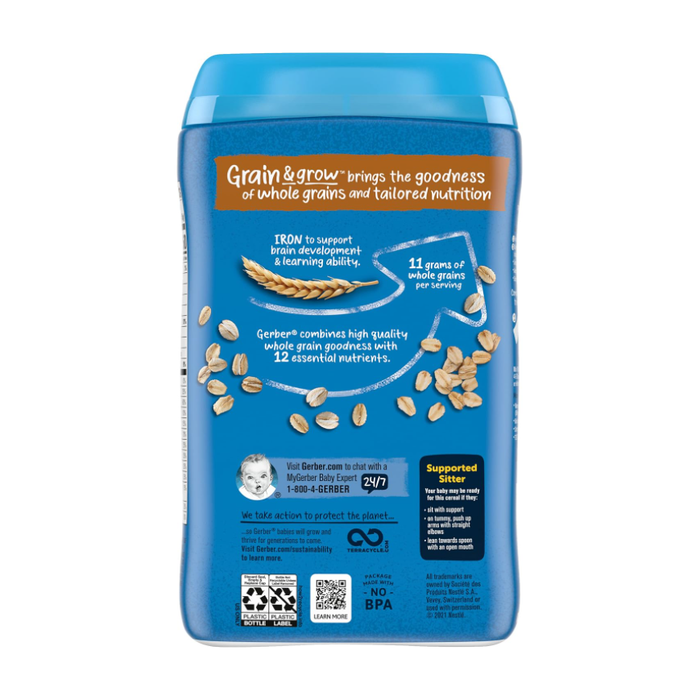 Gerber 1st Foods Cereal for Baby Grain & Grow Baby Cereal, Oatmeal, 8 oz Canister (Pack of 3)