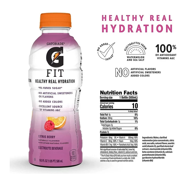 Gatorade Fit Electrolyte Beverage, Healthy Real Hydration, Citrus Berry, 16.9 oz Bottle