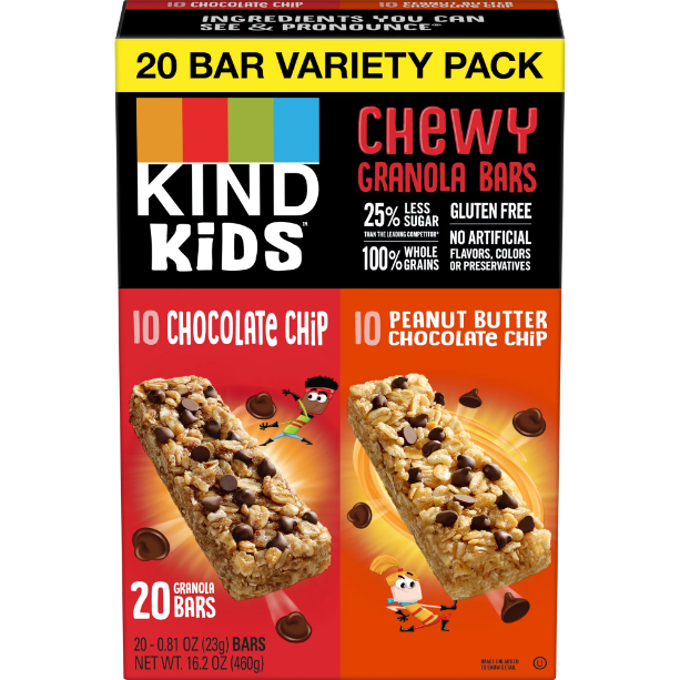 KIND Bar, Chocolate Chip/Peanut Butter Chocolate Chip Kids Variety Pack, Gluten free, .81 oz, 20 Snack Bars