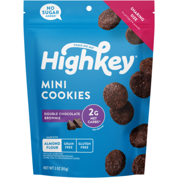 HighKey कोई चीनी नहीं मिलाई गई, कीटो के अनुकूल, अनाज और ग्लूटेन मुक्त डबल चॉकलेट ब्राउनी मिनी कुकीज, 2g नेट कार्ब्स, 3oz