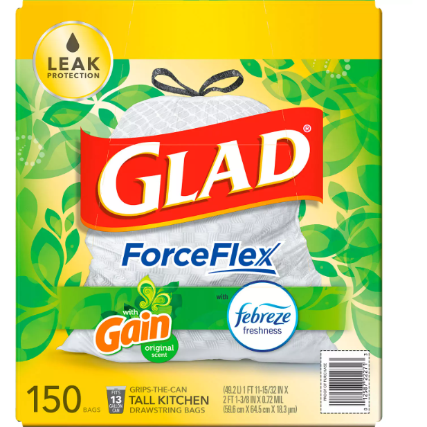 Glad ForceFlex Tall Kitchen Drawstring White Trash Bags, Gain Original Scent with Febreze Freshness (13 gal., 150 ct.)