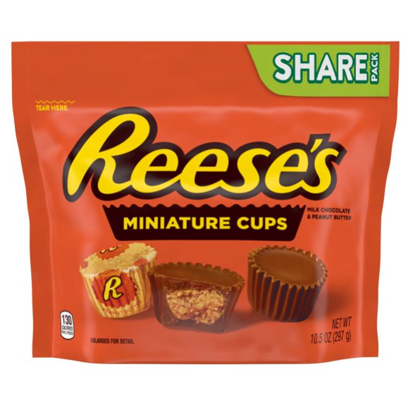 REESE'S, मिनिएचर मिल्क चॉकलेट पीनट बटर कप कैंडी, व्यक्तिगत रूप से लपेटा हुआ, 10.5 oz, शेयर बैग