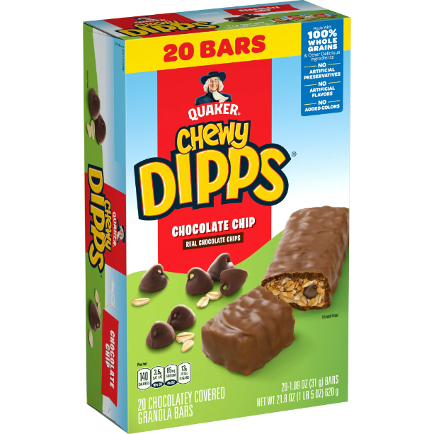 Quaker Chewy Dipps Granola Bars, Chocolate Chip, 20 Pack