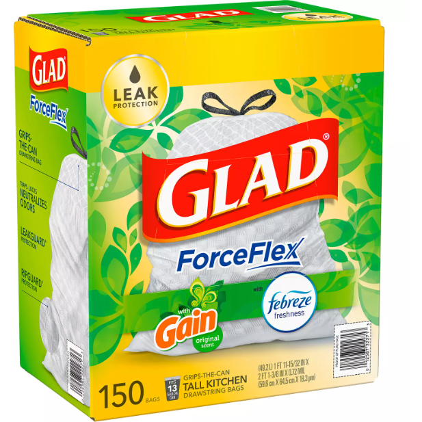Glad ForceFlex Tall Kitchen Drawstring Trash Bags Unscented, 13 Gallon White