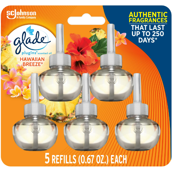 Glade PlugIns Scented Oil 5 Refills, Air Freshener, Hawaiian Breeze®, 5 x 1.34 oz