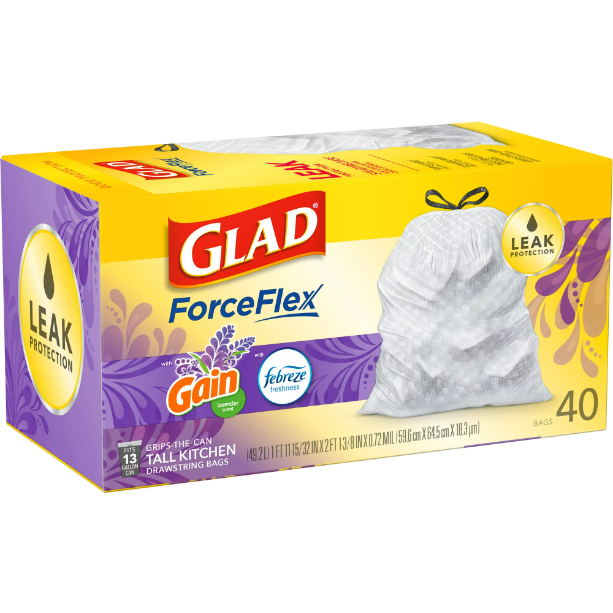Glad ForceFlex Protection Series Tall Trash Bags, 13 Gal, Gain