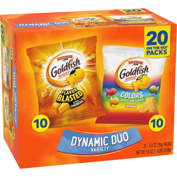 Goldfish Dynamic Duo Colors Crackers, Cheddar & Flavor Blasted Xtra Cheddar Snack Pack, 0.9 oz, 20-CT Variety Pack Box