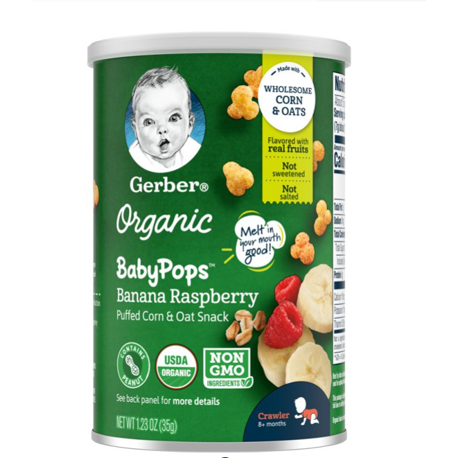 Gerber Organic BabyPops Banana Raspberry Corn and Oat Puffed Snacks, 1.23 Oz