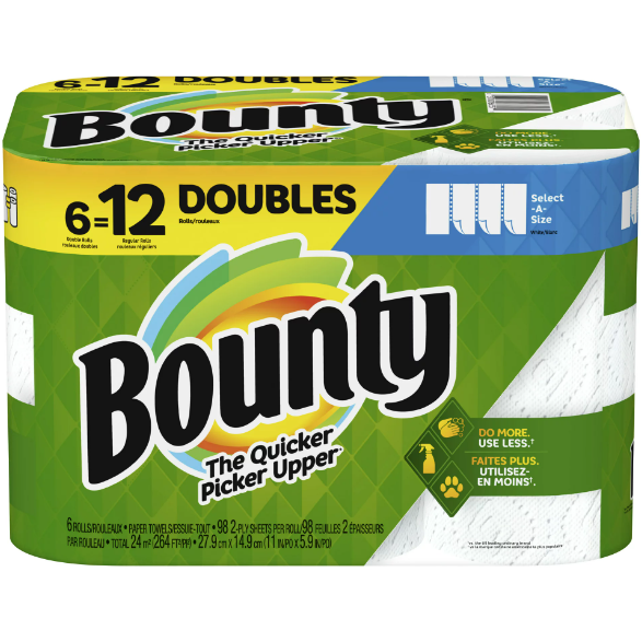 Bounty Select-A-Size Paper Towels, Double Rolls, White, 98 Sheets Per Roll, 6 Count