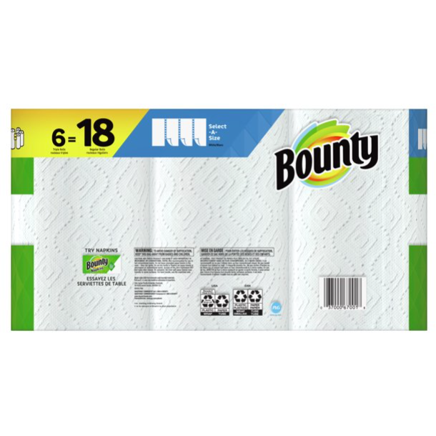 Bounty Select-A-Size Paper Towels, White, 6 Triple Rolls — Custom Treats