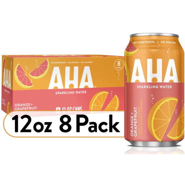 AHA Sparkling Water, Orange Grapefruit Flavored Water, Zero Calories, Sodium Free, No Sweeteners, 12 fl oz, 8 Pack
