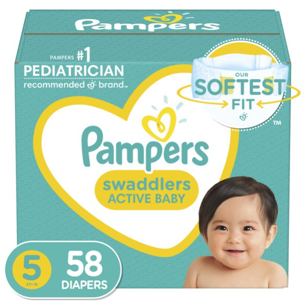 Pampers Swaddlers Diapers, Soft and Absorbent, Size 5, 58 Ct