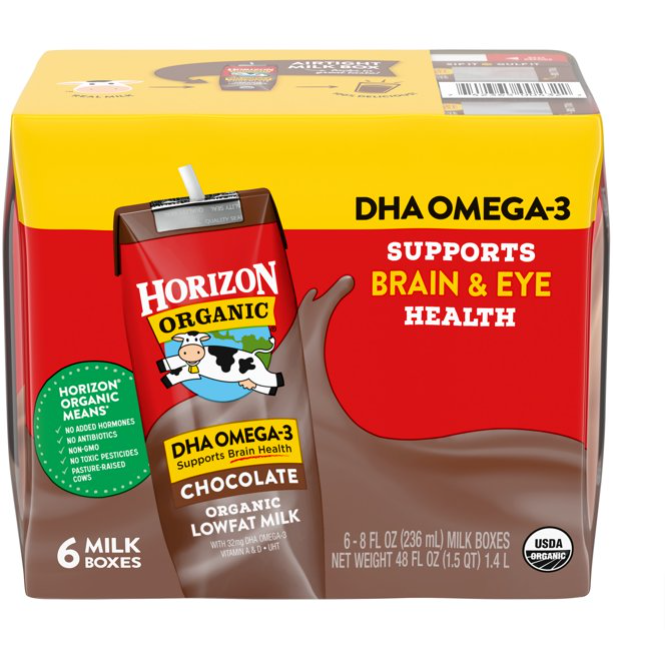 Horizon Organic 1% Lowfat UHT DHA Omega-3 Chocolate Milk, 8 Oz., 6 Count