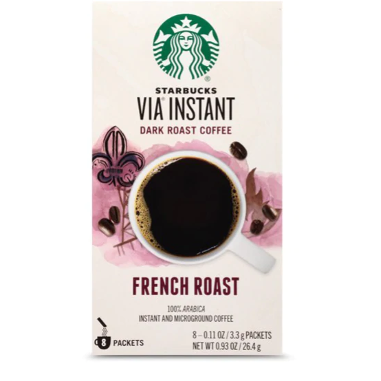 Starbucks VIA फ्रेंच डार्क रोस्ट इंस्टेंट कॉफी पैकेट, 8 सीटी