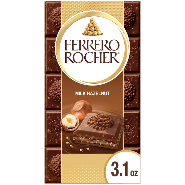 Ferrero Rocher प्रीमियम चॉकलेट बार, मिल्क चॉकलेट हेज़लनट, हॉलिडे चॉकलेट, हॉलिडे गिफ्ट बास्केट के लिए बढ़िया, 3.1 oz
