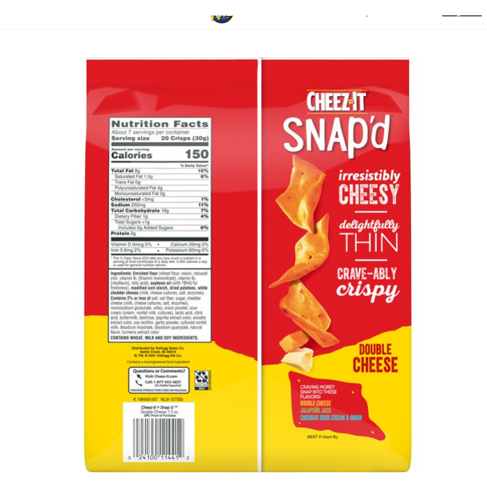 Cheez-It Snap'd Cheese Cracker Chips, Thin Crisps, Lunch Snacks, Double Cheese, 7.5oz