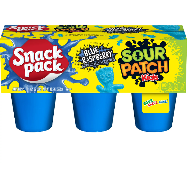 Snack Pack SOUR PATCH KIDS BLUE RASPBERRY Flavored Juicy Gels, 6 Count Snack Cups
