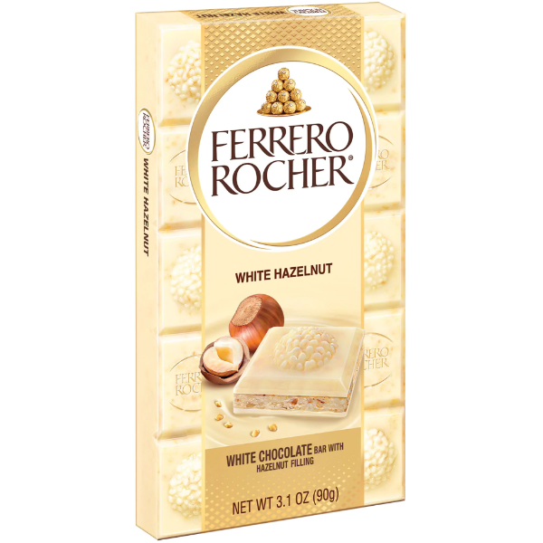 Ferrero Rocher प्रीमियम चॉकलेट बार, व्हाइट चॉकलेट हेज़लनट, हॉलिडे चॉकलेट, हॉलिडे गिफ्ट बास्केट के लिए बढ़िया, 3.1 oz