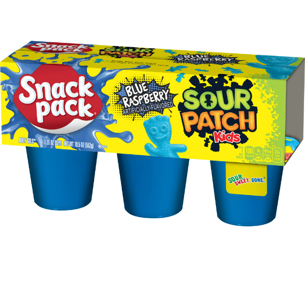 Snack Pack SOUR PATCH KIDS BLUE RASPBERRY Flavored Juicy Gels, 6 Count Snack Cups