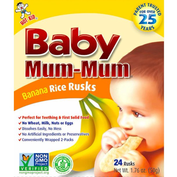 Baby Mum-Mum Rice Rusks, Banana, Gluten Free, Allergen Free, Non-GMO, Rice Teether Cookie for Teething Infants, 1.76 Ounce