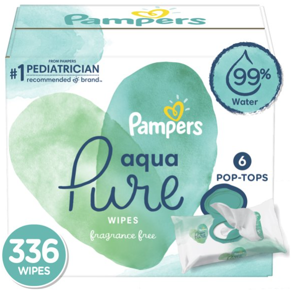 Pampers Aqua Pure Natural Sensitive Baby Wipes, 6X Pop-Top, 336 Ct