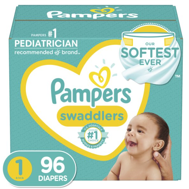 Pampers Swaddlers Diapers, Soft and Absorbent, Size 1, 96 Count
