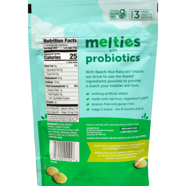 Beech-Nut Melties with Probiotics, Stage 3, Pear Mango Spinach & Yogurt Toddler Snack, 1 oz