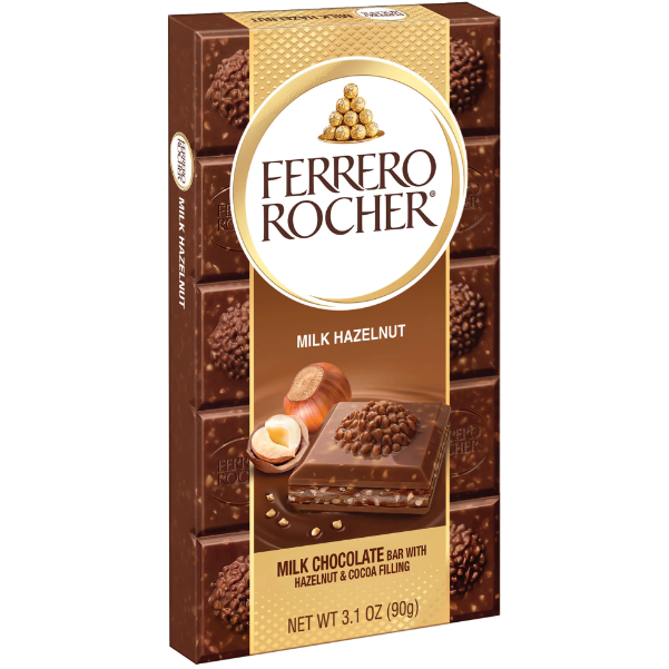 Ferrero Rocher Premium Chocolate Bar, Milk Chocolate Hazelnut, Holiday Chocolate, Great for Holiday Gift Baskets, 3.1 oz