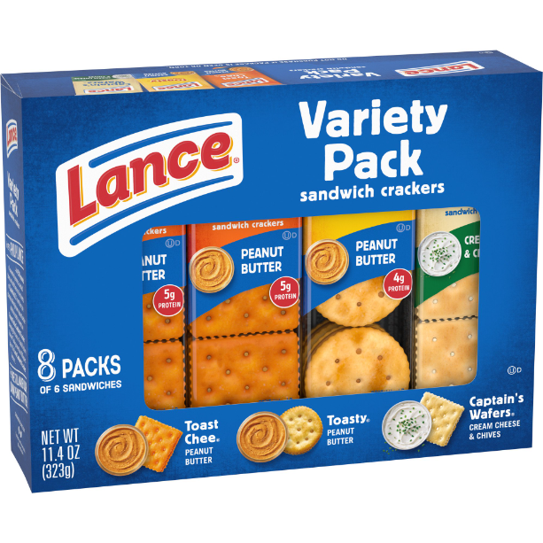 Lance Sandwich Crackers, Variety Pack, 3 Flavors, 8 Individually Wrapped Packs, 6 Sandwiches Each